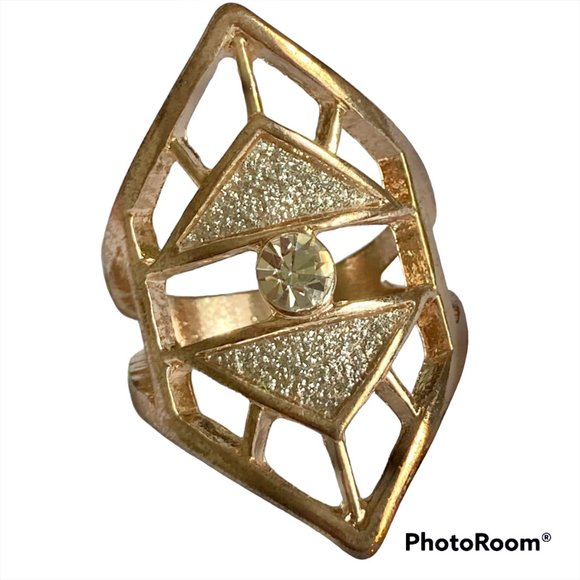 Rose Gold Cubic Zirconia Cocktail Ring Boho Art Deco Size 7 Plated Statement - Picture 2 of 12